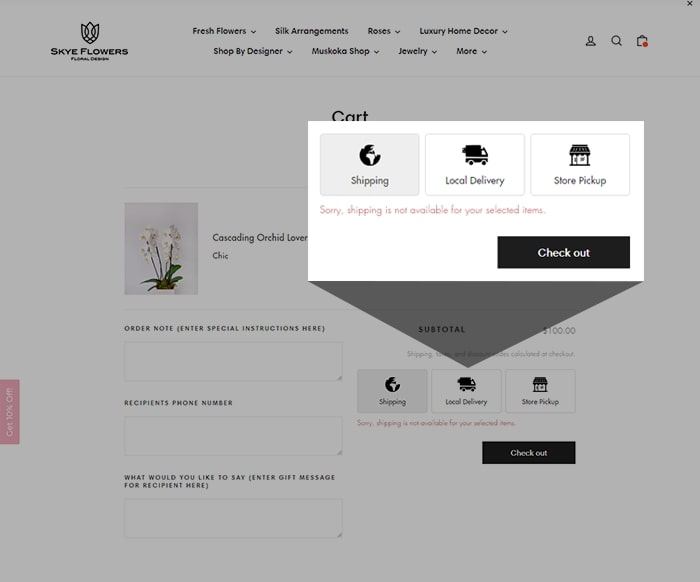 screenshot of disabled shipping option for flowers