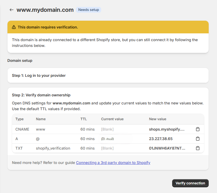 A Screenshot of Shopify's Domain Settings Interface