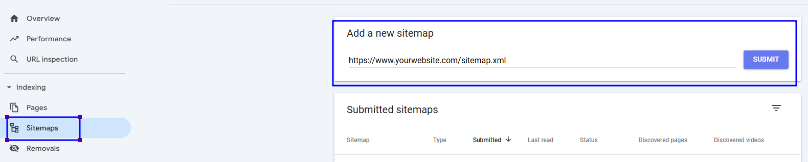 A screenshot of Google Search Console for submitting new XML sitemap