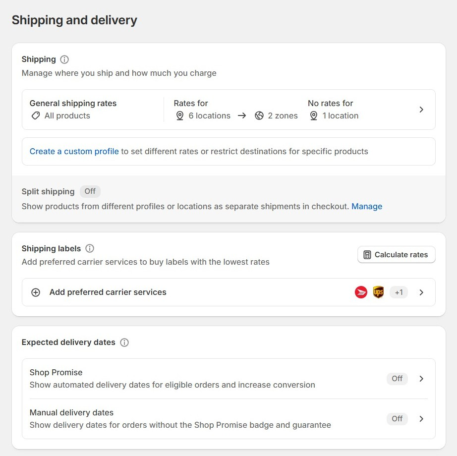 A screenshot of Shopify's Shipping and delivery settings interface